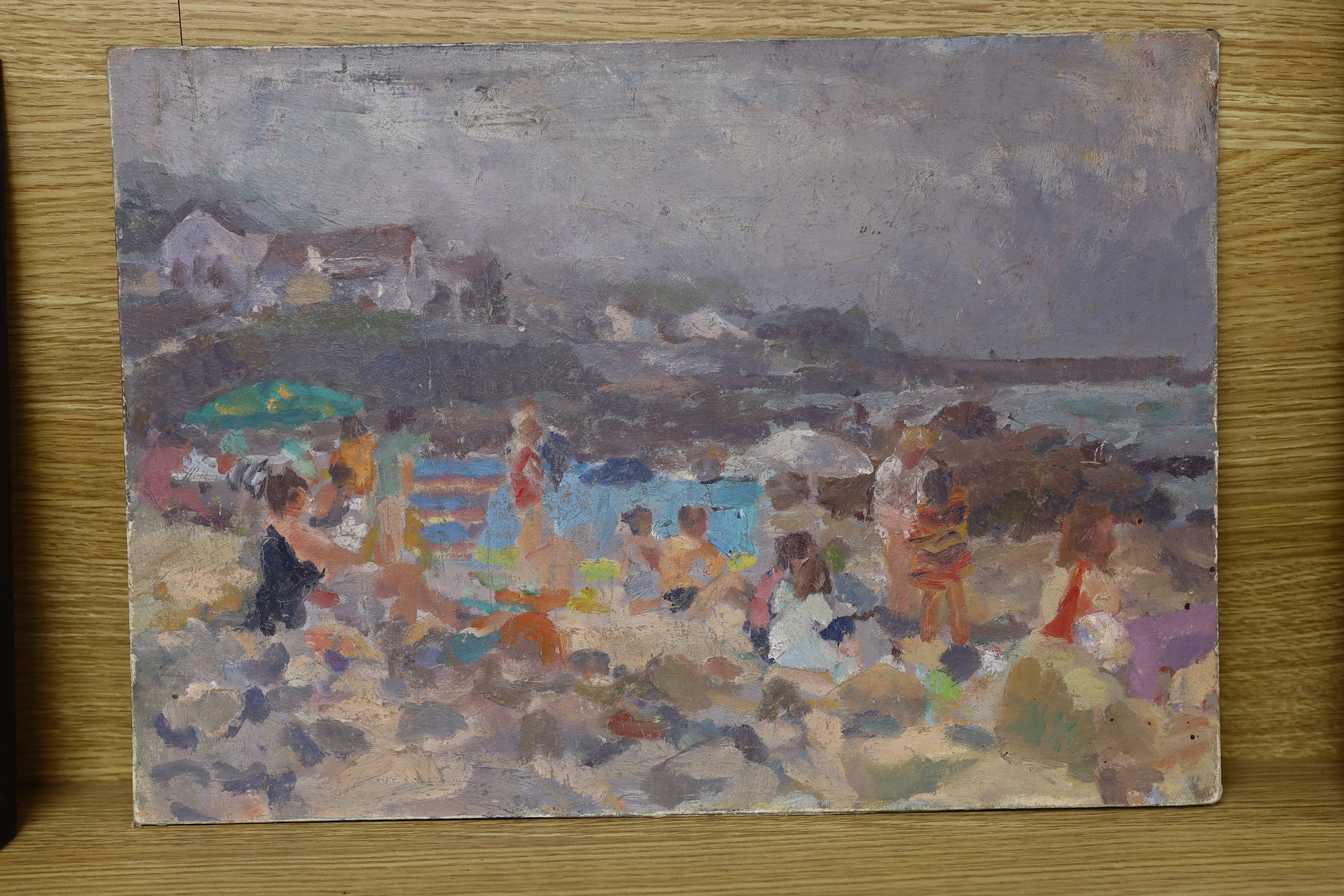 John Harvey (b.1935), oil on board, Beach scene, studio stamp verso, 30 x 43cm, unframed